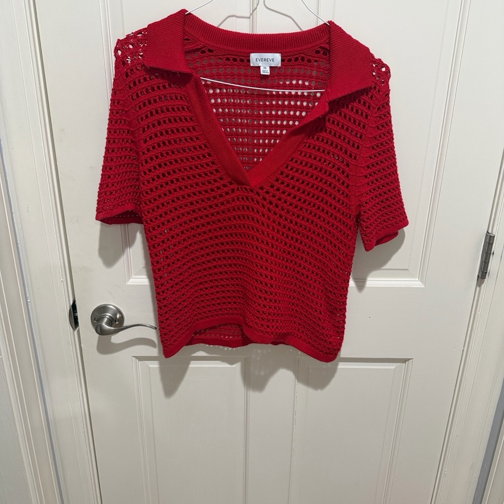 Evereve Red Open-Knit Top/ Short Sleeve Sweater (Teagan Pullover), Size XS
